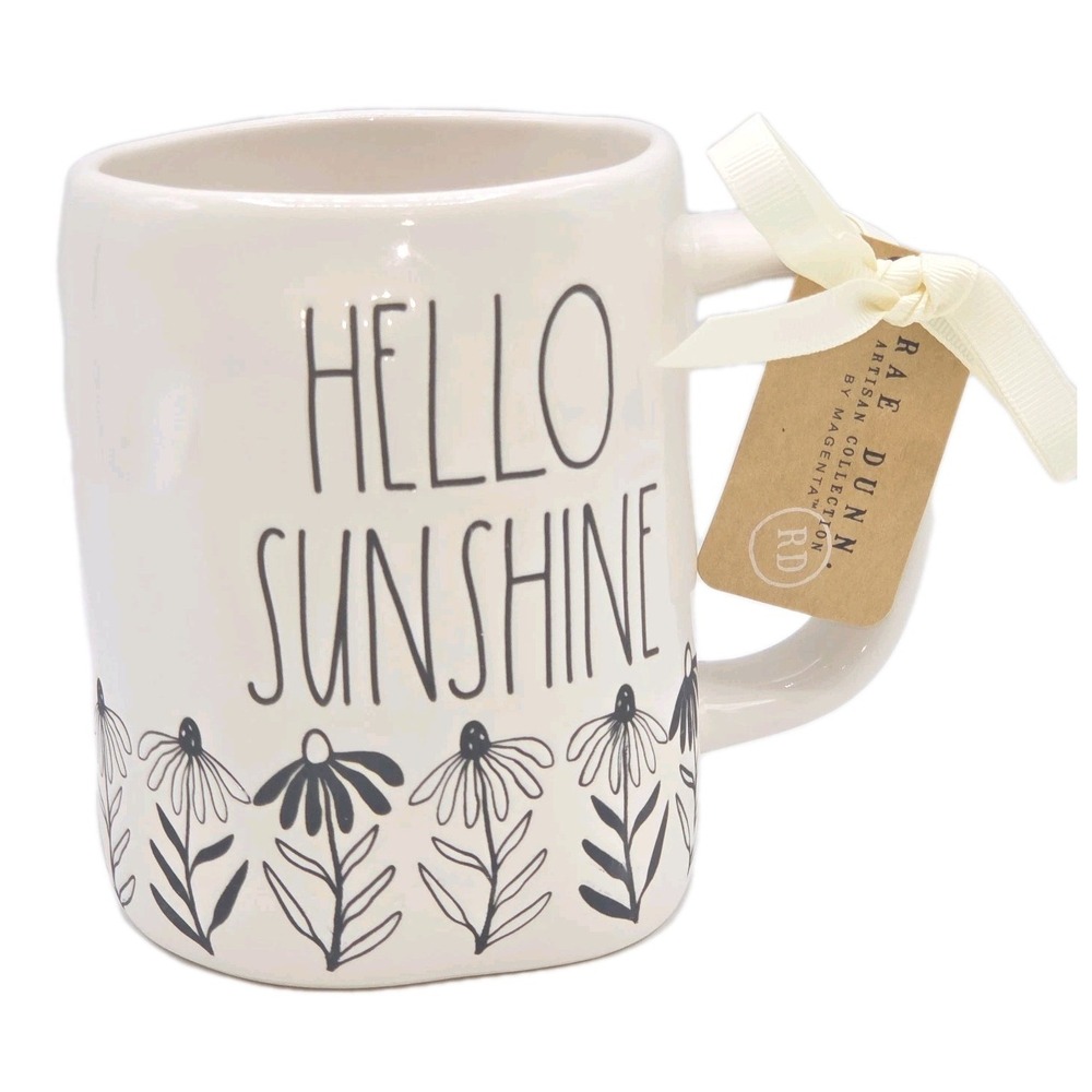 Rae Dunn Hello Sunshine Ceramic Coffee Mug 16oz Floral Embossed White Black